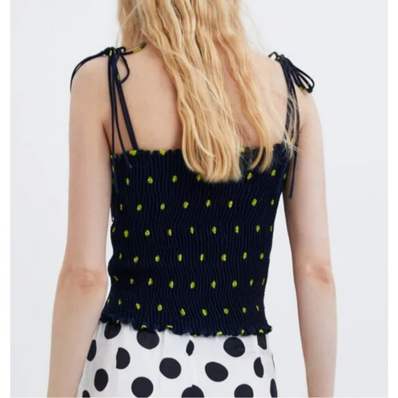 Zara Navy & Yellow Polka Dot Smocked Tube Top XS - Picture 9 of 13